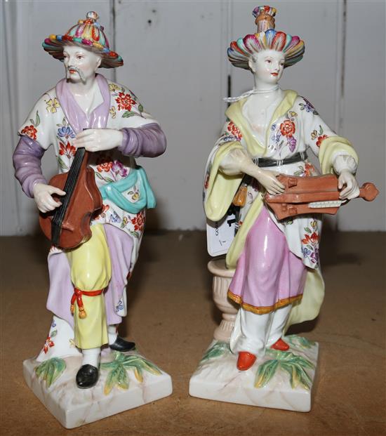 Pair of Berlin Meissen style figures of Chinese musicians (faults and repairs)